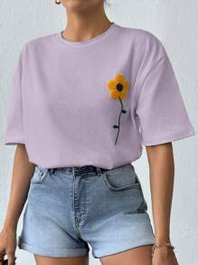 100%Cotton White Tshirt With Embroidery Detail - Lilac Purple - View 7