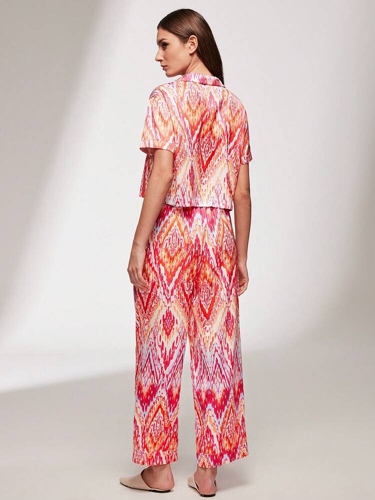 Satin Patterned Button-Up Top & Pants PJ Set