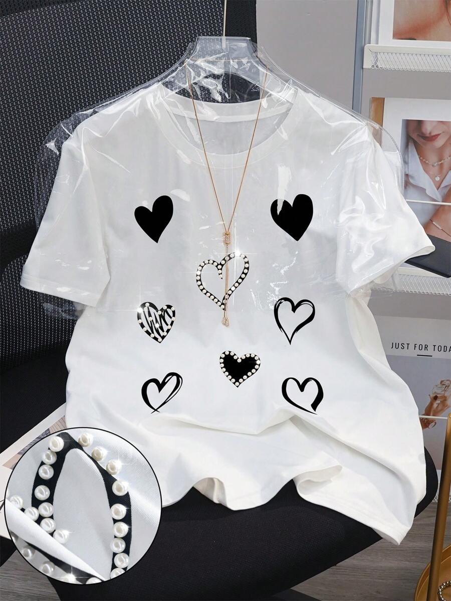 SHEIN 女式常规款短袖圆领串珠心形图案T恤 - 白色 - 查看 1