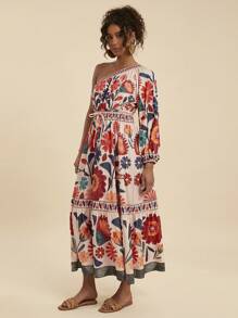 Travachic Blume Muster Kleid mit asymmetrischem Ausschnitt und freien Schultern, Langarm für Damen, Sommer Outfits für Damen, Strandoutfits für Damen, Westernmode für Damen, Konzertoutfits für Damen, Boho, Tropischer Urlaub, Boho Kleider für Damen, Tropische Kleider für Damen, Damenkleider, Neuheiten Urlaubskleider für Damen, Urlaubs-Outfits für Damen - Verschiedenfarbig - Übersicht 6