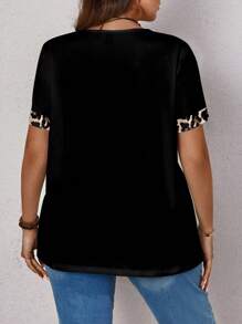 EMERY ROSE Plus Size Women's Casual Leopard And Heart Printed Loose Short Sleeve T-Shirt, Suitable For Summer