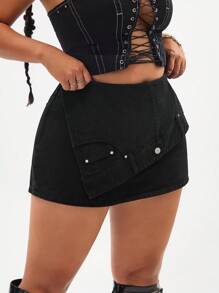 SHEIN ICON 夏季大码不对称A字牛仔短裙短裤 - 黑色 - 查看 4