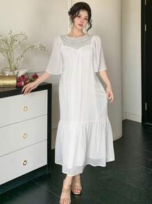 DAZY Elegant Beaded Ruffle Lotus Sleeve Round Neck Women Mid-Length Dress, Summer,Back To School Clothes