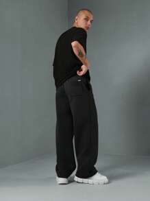 SUMWON Smwn 宽腿运动裤运动休闲街头超大休闲运动裤溜冰风格宽松羊毛冬季秋季家居服舒适罗纹腰带 - 黑與白 - 查看 5