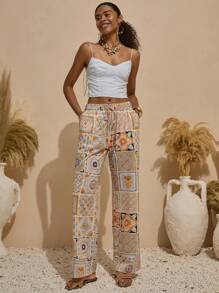 Bóhologie Boho Bohemela Womens Clothing Women Summer Clothes  Women Multicolor Printed Pocket Detailed Wide Leg Pants  Women Pants Wide Leg Women S Summer Clothes Women S Clothes Boho Pants For Women Wide Leg Jeans Woman  Suitable For Everyday, Out Of The Street, Holiday And Other Occasions To Wear - Multicolor - View 1
