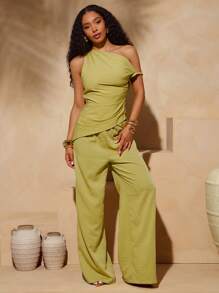 Vixey Pantalones anchos de satén arrugado sólido para vacaciones en la isla, verano para mujeres, brunch para mujeres, playa para mujeres, vacaciones en la playa, prendas inferiores de verano - Verde - Ver 1