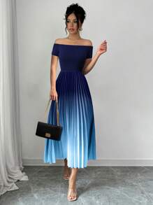 Lyxana 女士优雅露肩垂坠渐变印花束腰连衣裙