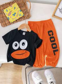 SHEIN Baby Jungen Cartoon Pinguin Grafik T-Shirt & Hose 2 Stücke Set, für Baby Jungen und Baby Mädchen