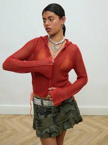 开放式针织连帽衫/女士夏季服装/夏季上衣/外出上衣/休闲/Y2K 复古 - 紅色 - 查看 6