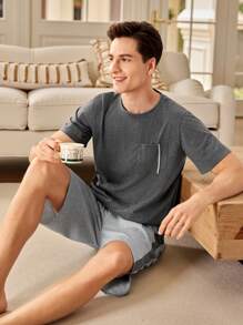 Manfinity Underwear&Sleepwear Basics 男士纯色口袋短袖上衣和短裤睡衣套装 - 深灰色 - 查看 6