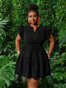 Slaydiva Nuevo vestido mini verde de talla grande con cuello redondo y en V, mangas de linterna con volantes, cintura elástica con moño, falda con volantes y vuelo para primavera/verano, casual, de vacaciones - M