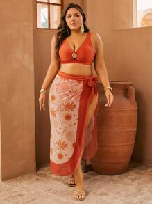 Swim Oasis 大码女式三件套随机印花高弹力纯色泳衣套装（含裙装），优雅沙滩/泳池装，修身 - 彩色 - 查看 7