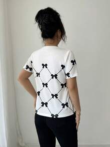 Selianne 女式拼色条纹休闲短袖 T 恤图案 T 恤女式上衣 - 黑與白 - 查看 2