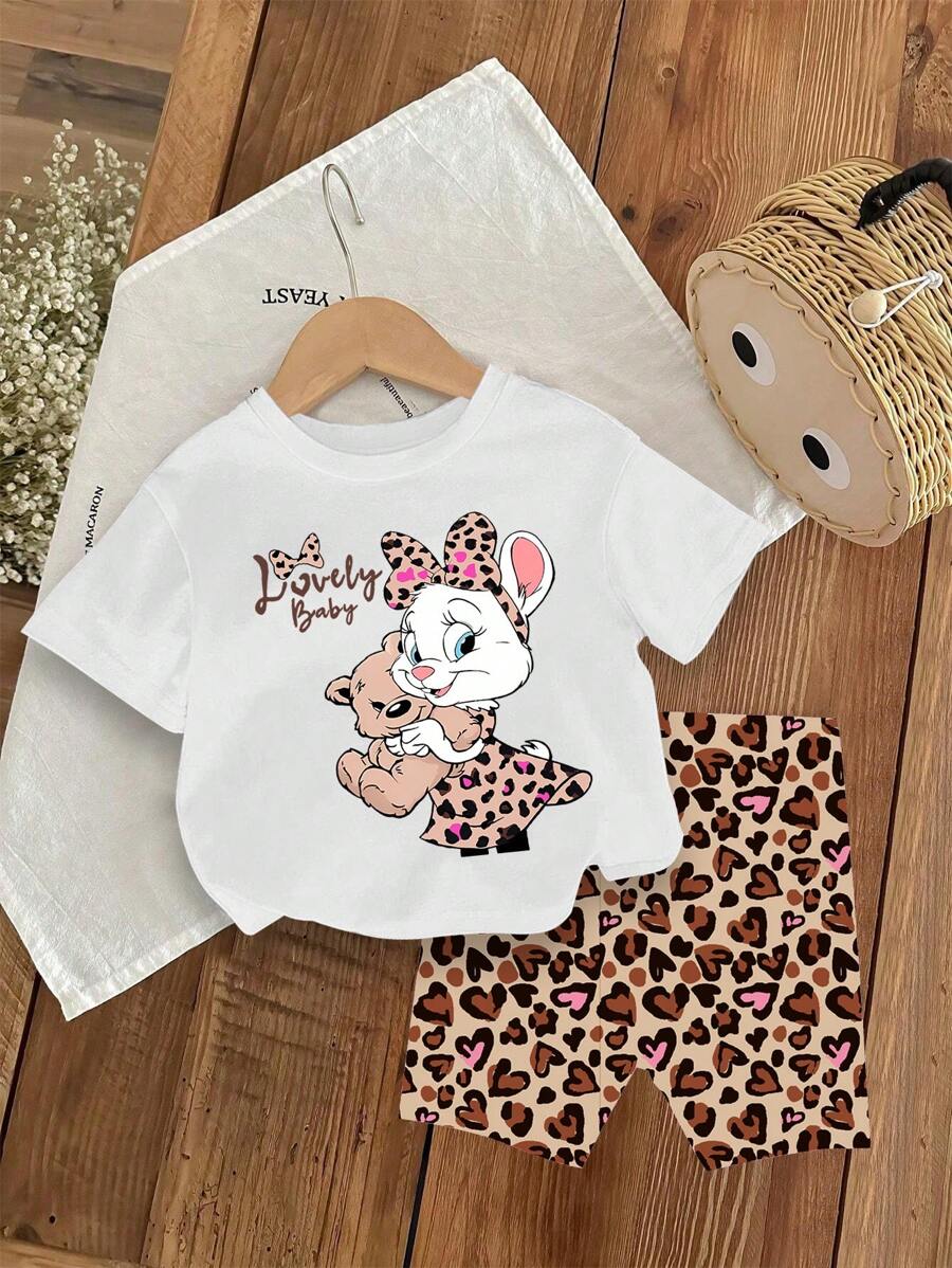 SHEIN 2pcs/Set Baby Girls Leopard Print Bunny & Cute Bear Graphic White Short Sleeve T-Shirt And Leopard Pattern Knitted Shorts Set - Multicolor - View 1