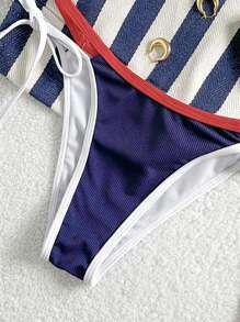 Swim Mod Women 2-Piece Contrast Trim Halter Knotted Bikini Set For Summer Beach Vacation - Multicolor - View 3