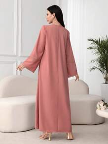 Al Najma Women's V Neck Pullover Gold Embroidered Turkish & Arabic Style Abaya, Modest Kaftan - Pink - View 2