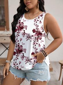 EMERY ROSE Plus Size Floral Print Casual Crew Neck Camisole And Tank Top For Summer Suitable For Going Out - Multicolor - View 4