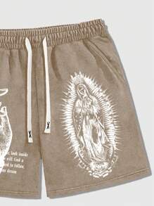 ROMWE MEN Men's Drawstring Waist Washed Vintage Slogan & Hand Gesture Print Shorts - Khaki - View 4