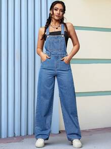 SHEIN PETITE Women's Loose Fit Pocketed Wide Leg Casual Denim Jumpsuit - Medium Wash - View 5