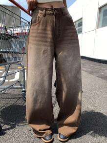 DAZY 女式高腰阔腿水洗牛仔裤 - 棕色 - 查看 7