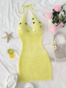Sweetra Summer Vacation Lightweight Yellow Hollow Out Tassel Beaded Casual Knitted Dress, Flattering