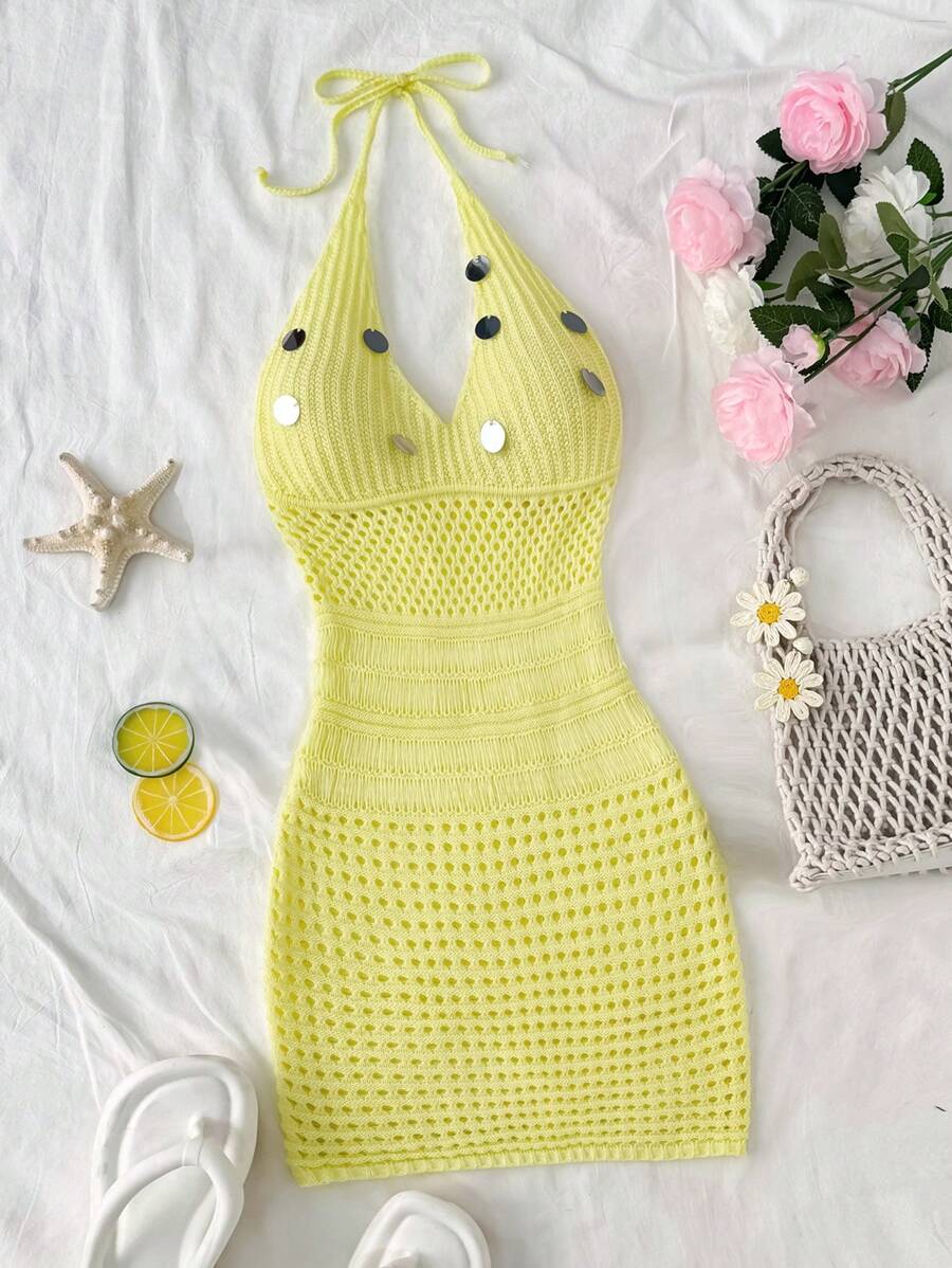 Sweetra Summer Vacation Lightweight Yellow Hollow Out Tassel Beaded Casual Knitted Dress, Flattering