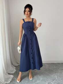 Elenzga Elegant Women's Casual Button Decor A-Line Long Dress, Suitable For Commuting - Blue - View 4