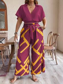 SHEIN LUNE Conjunto de 2 piezas de talla grande casual de vacaciones con camisa de manga murciélago de unicolor y pantalones anchos de pierna con estampado de contraste