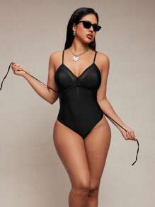 SHEIN Swim Costume da bagno intero con controllo addominale, realizzato in rete e pizzo, con lacci sulla schiena