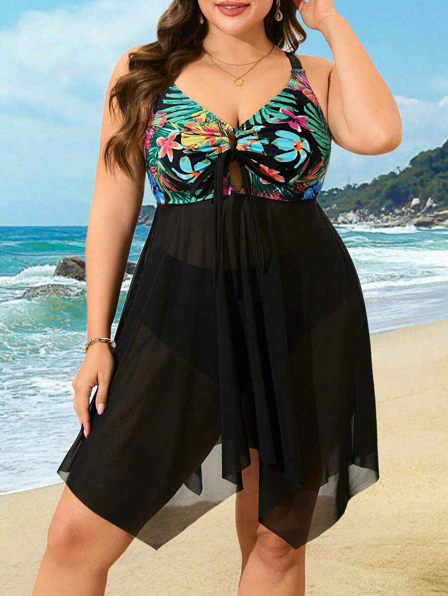 Swim Lushoire Traje de baño de 2 piezas para mujer talla grande con estampado tropical, combinación de malla negra para vacaciones en la playa