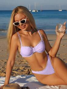 SHEIN Swim 女士夏季性感蕾丝边钢圈纯色比基尼套装，沙滩装 - 紫色 - 查看 4