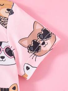 SHEIN Baby Girl Cartoon Graphic Tee & Shorts Set - Pink - View 6