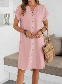 EMERY ROSE Women Casual Solid Color Front Button Midi Dress For Holiday Summer Dresses For Women - Pink - View 5
