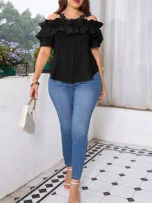 INAWLY Plus Size Women Fashion Loose Ruffled Off Shoulder Short Sleeve Blouse - Black - View 3