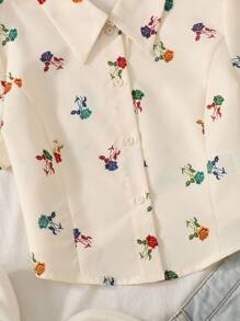 Tween Girls' Casual Collared Printed Cut-Off Short Sleeve Shirt - Beige - View 4