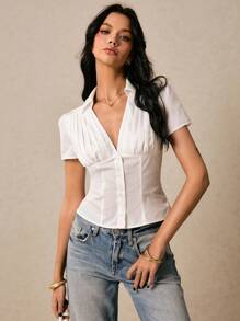 Poéselle 女士衬衫刺绣白色短袖衬衫，节日花卉刺绣短款泡泡袖单排扣衬衫夏季上衣波西米亚风夏季女式上衣女式衬衫夏季 Y2k 乡村音乐会 - 白色 - 查看 6