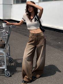 DAZY 女式高腰阔腿水洗牛仔裤 - 棕色 - 查看 4