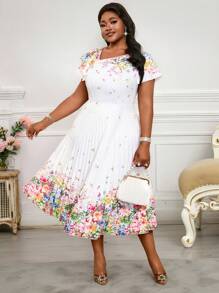 SHEIN Lady Robe mi-longue à manches courtes, col rond, bretelles de trompette, volants, grande taille, portée de manière décontractée et élégante, style bohème, pour le printemps et l'été. Convient aussi bien pour le port décontracté à la plage que pour l'invité d'un mariage sur la plage. Motifs floraux plissés blanc et rose. - Multicolore - Voir 6