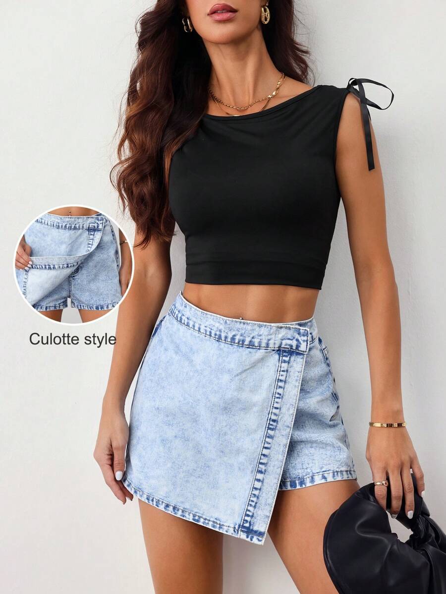 SHEIN Tall Shorts vaqueros de mujer, falda-pantalón ajustada casual, azul