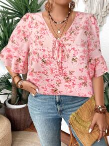 SHEIN Clasi Floral Pattern V-Neck Ruffled Double-Layer Mid-Sleeve Women Blouse - Pink - View 4