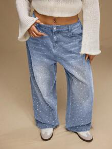 SHEIN Forever 21 Jeans casuales de pierna ancha con bolsillos y adornos de strass para mujeres de talla grande