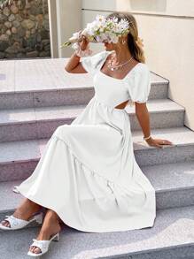 Breezaya Women's Solid Color Simple Daily Square Neck Short Sleeve Dress For New Year Clothes Maxi Vacation Beach Outfit