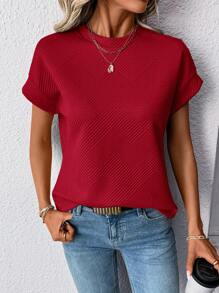 SHEIN LUNE 女款杏色蝙蝠印花圆领短袖T恤 - 紅色 - 查看 6