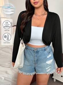SHEIN EZwear 夏季大码休闲轻薄防紫外线长袖开衫 - 黑色 - 查看 3