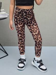 Young Girl Leopard Print Tight Leggings - Mocha Brown - View 5