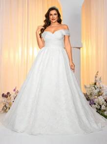 Glamrae 加大码优雅奢华心形领露肩褶皱提花缎面高腰修身 A 字拖尾新款新娘婚纱 - 白色 - 查看 4