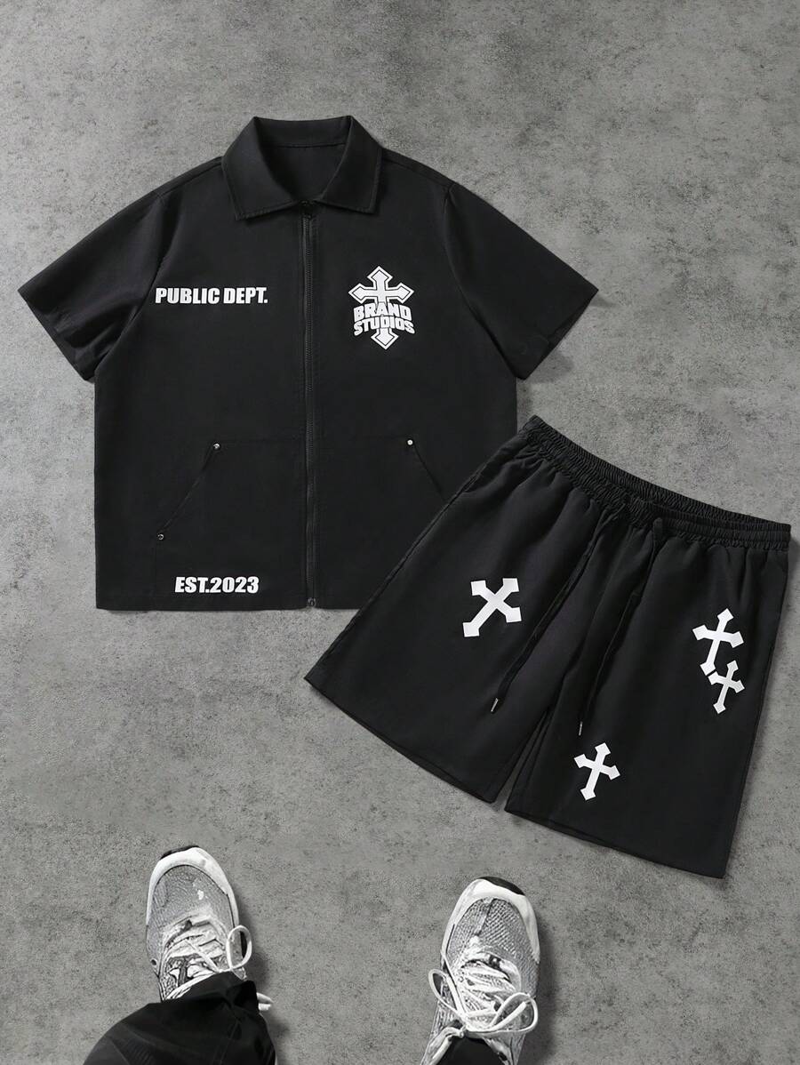 Manfinity EMRG 大码男士休闲十字印花短袖衬衫和短裤套装，夏季 - 黑色 - 查看 1