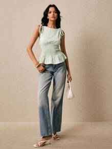 Poéselle 女士绿色格子高腰上衣，女士格子圆领腰带荷叶边下摆肩带吊带背心，夏季女装，夏季可爱上衣，适合音乐会、海滩等场合，荷叶边上衣，系带前襟上衣，波西米亚风上衣，女士格子上衣，女士吊带背心，夏季女装，Y2K风格上衣 - 綠色 - 查看 3