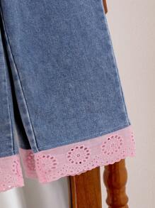 Elladie kids Conjunto de 2 piezas para niñas jóvenes con top sin mangas floral rosa y pantalones de mezclilla con adorno de encaje, conjunto de ropa casual de verano para niña joven - Rosa - Ver 6