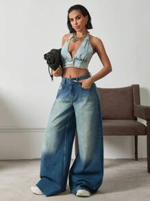 高腰阔腿 Y2K 风格宽松牛仔裤 - 中等水洗藍 - 查看 1